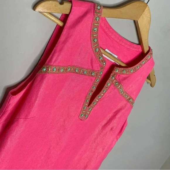 Vineyard Vines Pink Beaded Shimmer Linen Sleeveless Tunic Mini Dress Size 0 - Picture 3 of 11
